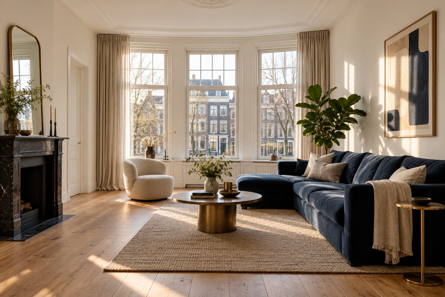 Sfeerimpressie van een woonkamer met glad gestucte wanden
